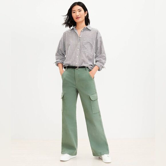 Ann Taylor LOFT High Rise Wide Leg Utility Jeans Army Green Mountain Rosemary - Picture 7 of 11